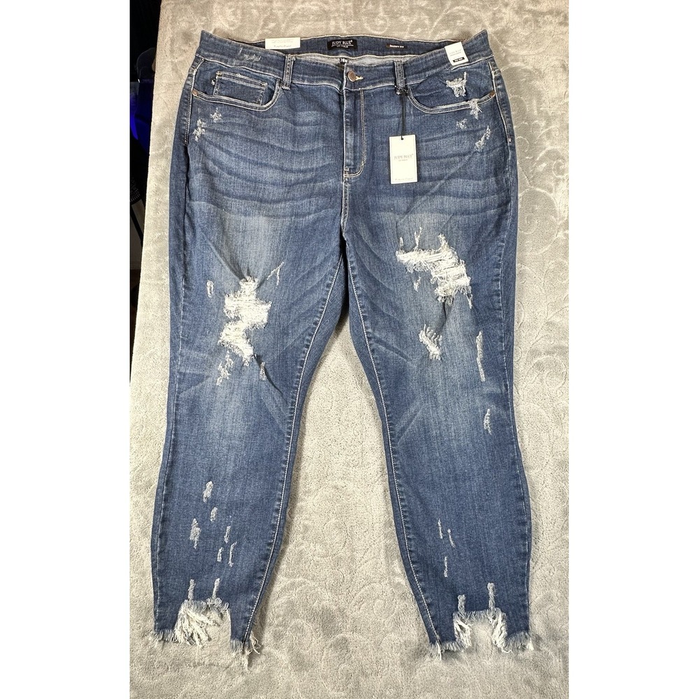 Judy Blue Womens 24W Jeans Mid Rise Shark Bite Hem Skinny Fit Distressed Boho